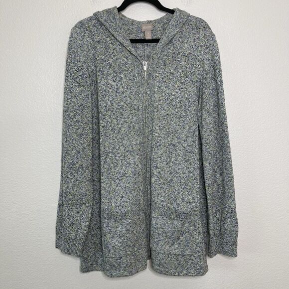 Chicos Sweater Jacket 3 XL Zip Cardigan Knit Blue Green Hooded Mid Length Pocket - Picture 6 of 8